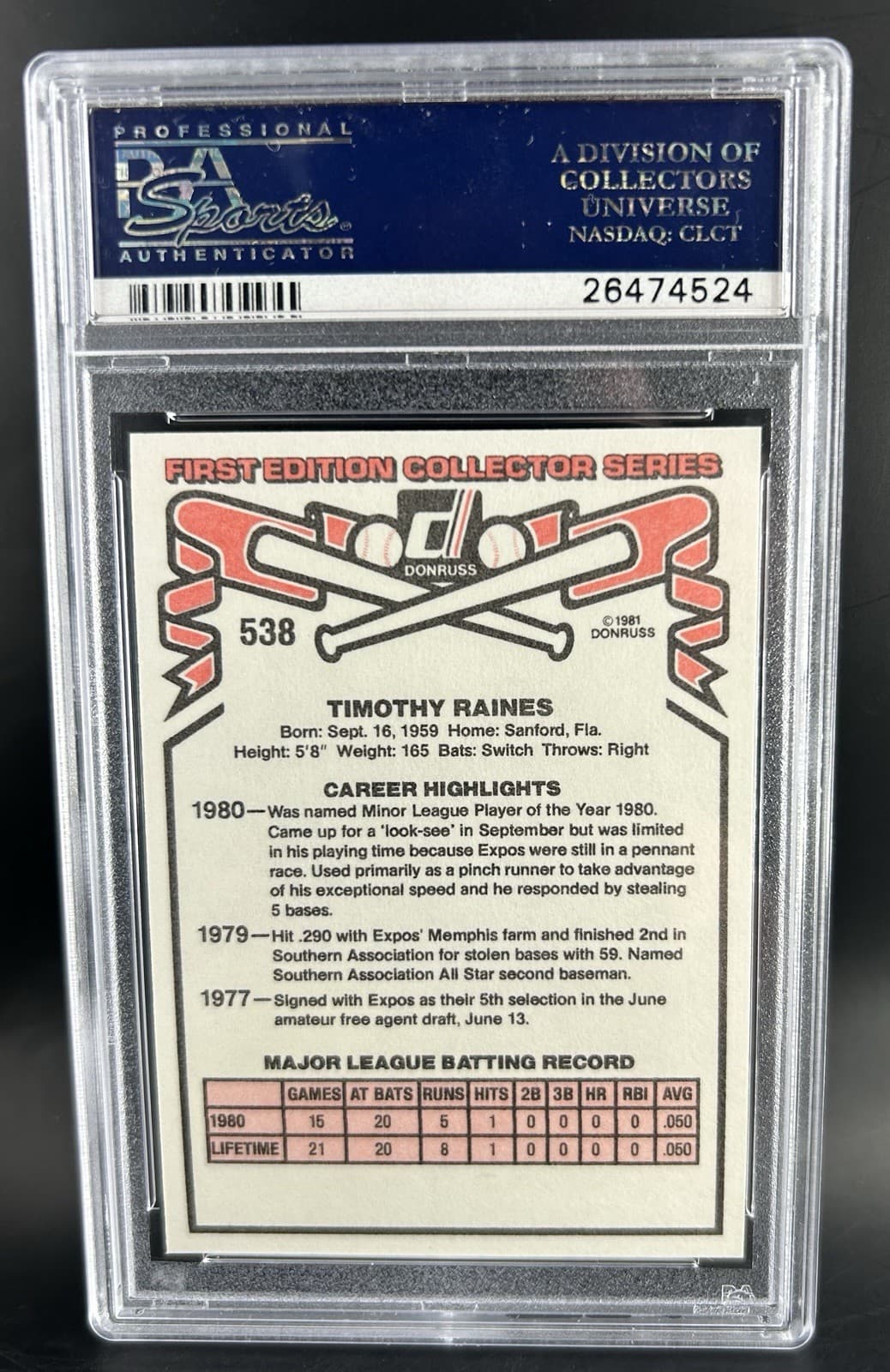 1981 Donruss #538 Tim Raines (RC) HOF Montreal Expos. PSA 9 MINT