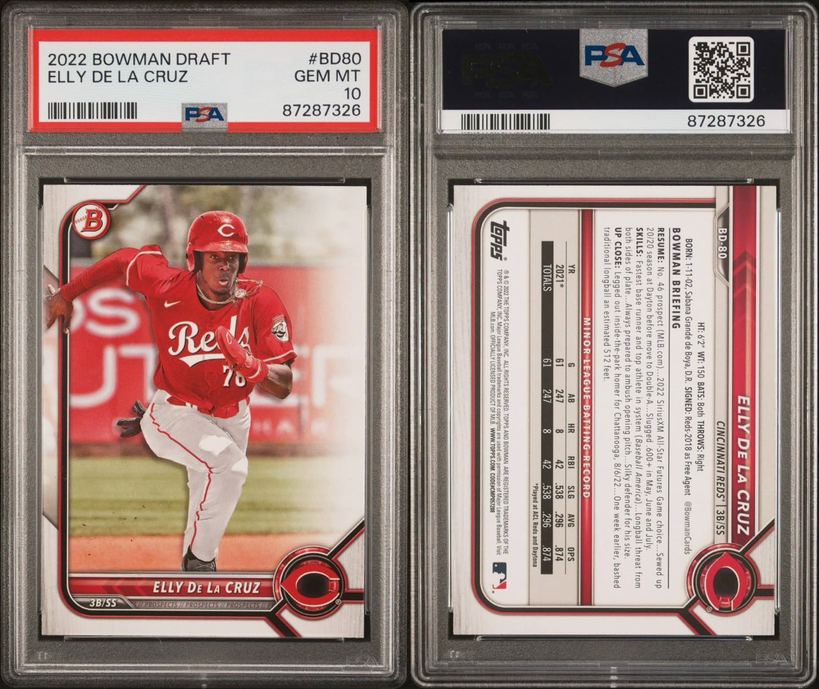 2022 Bowman Draft - Elly De La Cruz #BD-80 (RC). PSA 10 GEM MT.