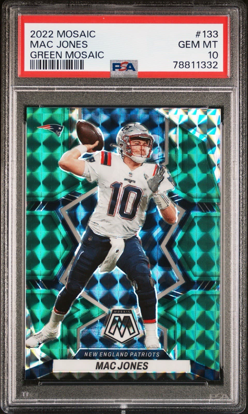 2022 Panini Mosaic - Mac Jones #133 Green Mosaic Prizm. PSA 10 GEM MT. Pop 4!