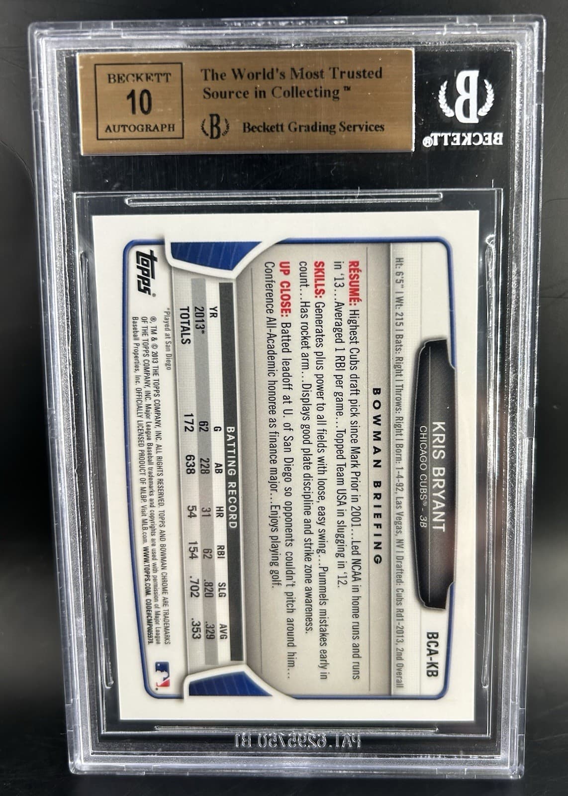 2013 Bowman Chrome Draft Pick Autographs - Kris Bryant (RC) BGS 9.5/10 Auto