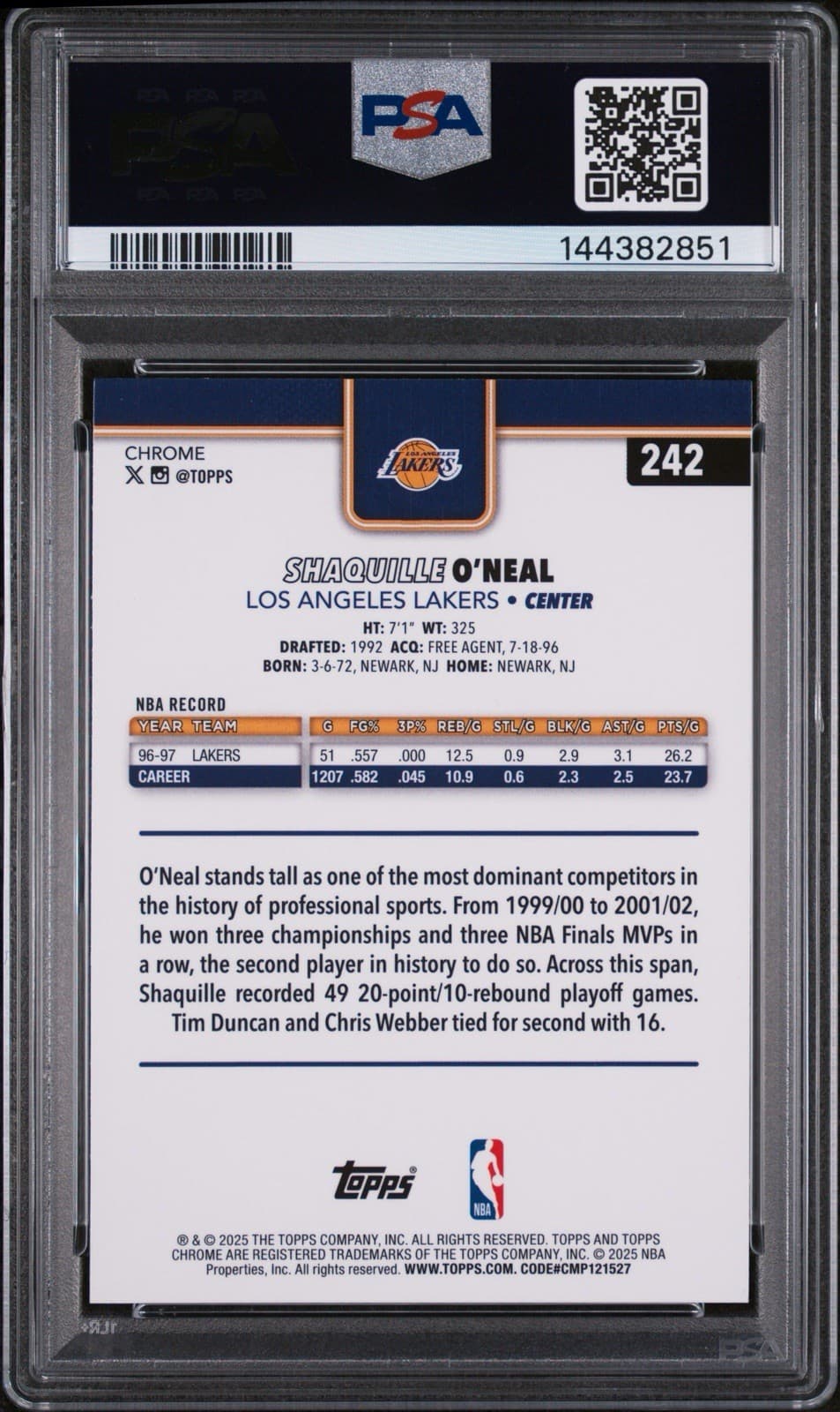 2025-26 Topps Chrome - Shaquille O'Neal #242 Aqua Raywave Refractor /199. PSA 7