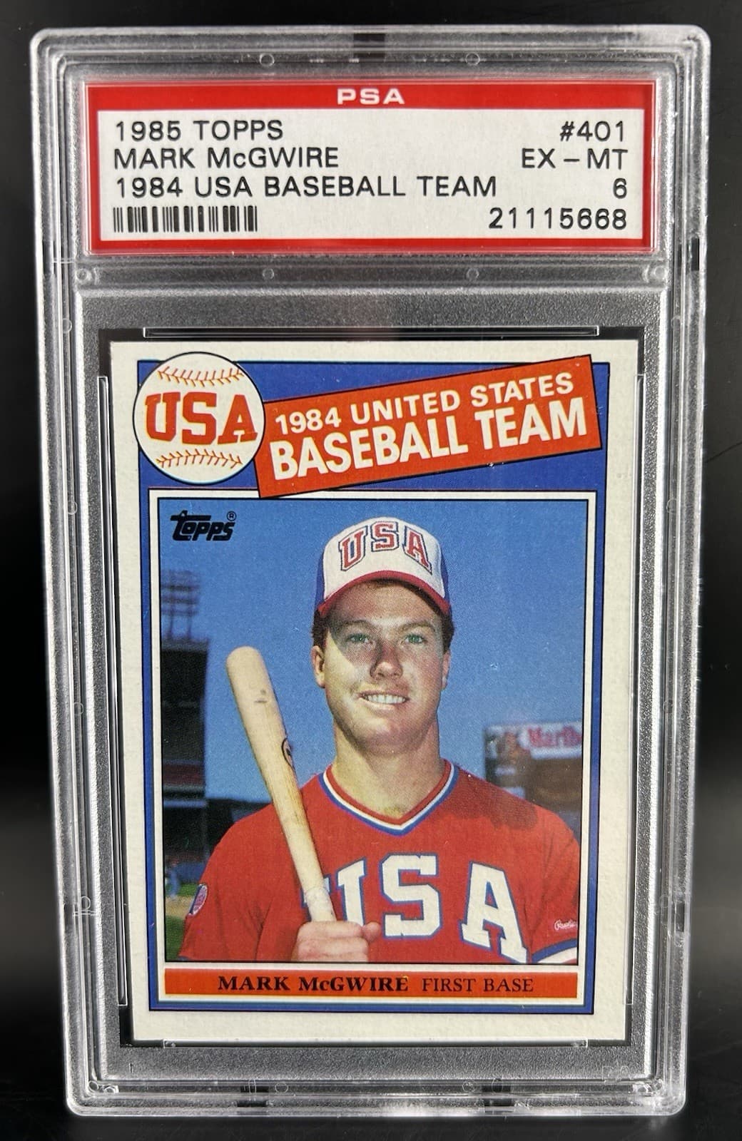 1985 Topps Mark McGwire (RC) USA Baseball Team #401. PSA 6 EX - MT