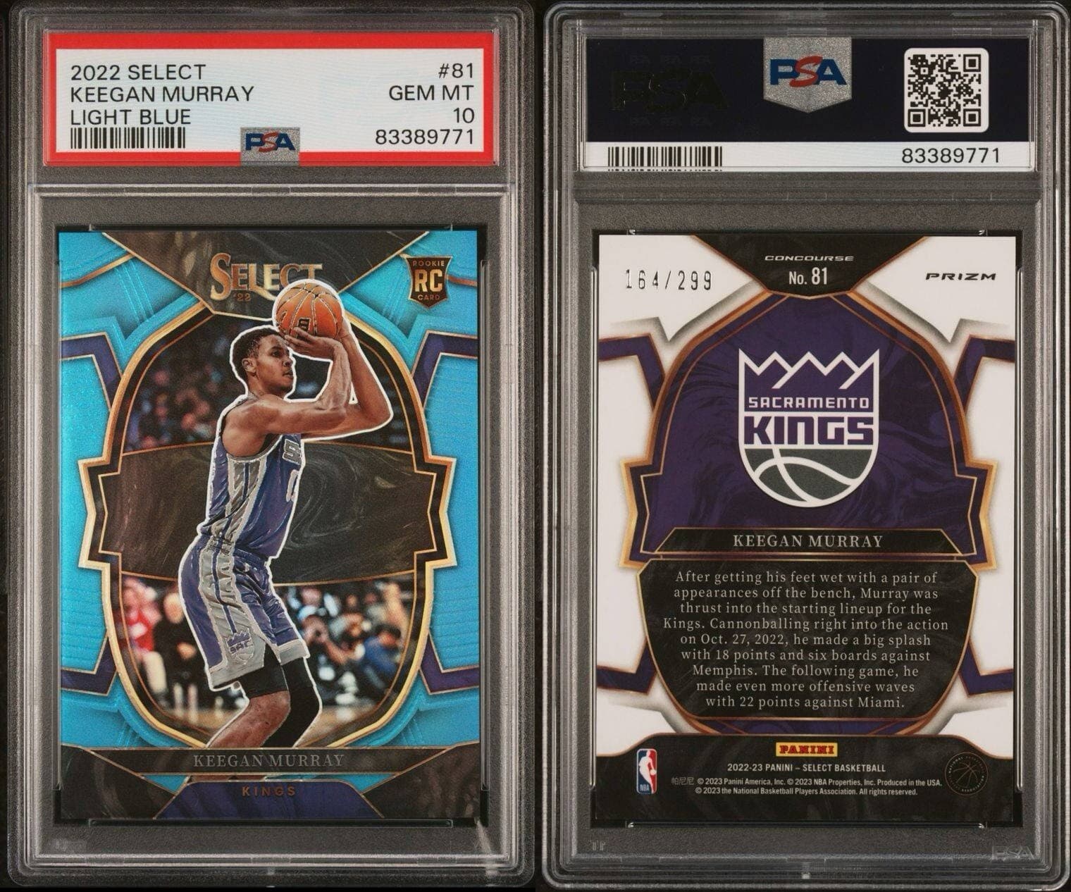 2022 Select Concourse Light Blue. #81 Keegan Murray /299 (RC). PSA 10. Pop 38. 