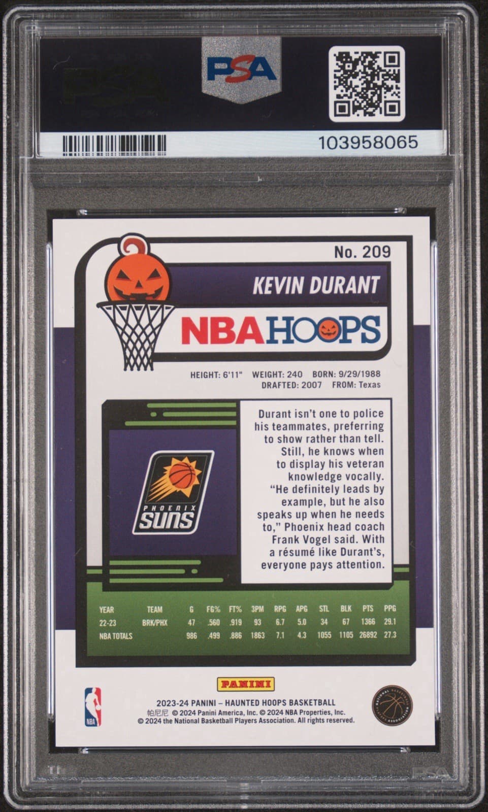 2023-24 Panini Haunted Hoops - Kevin Durant #209 Holo Webs (SP). PSA 10. Pop 4!