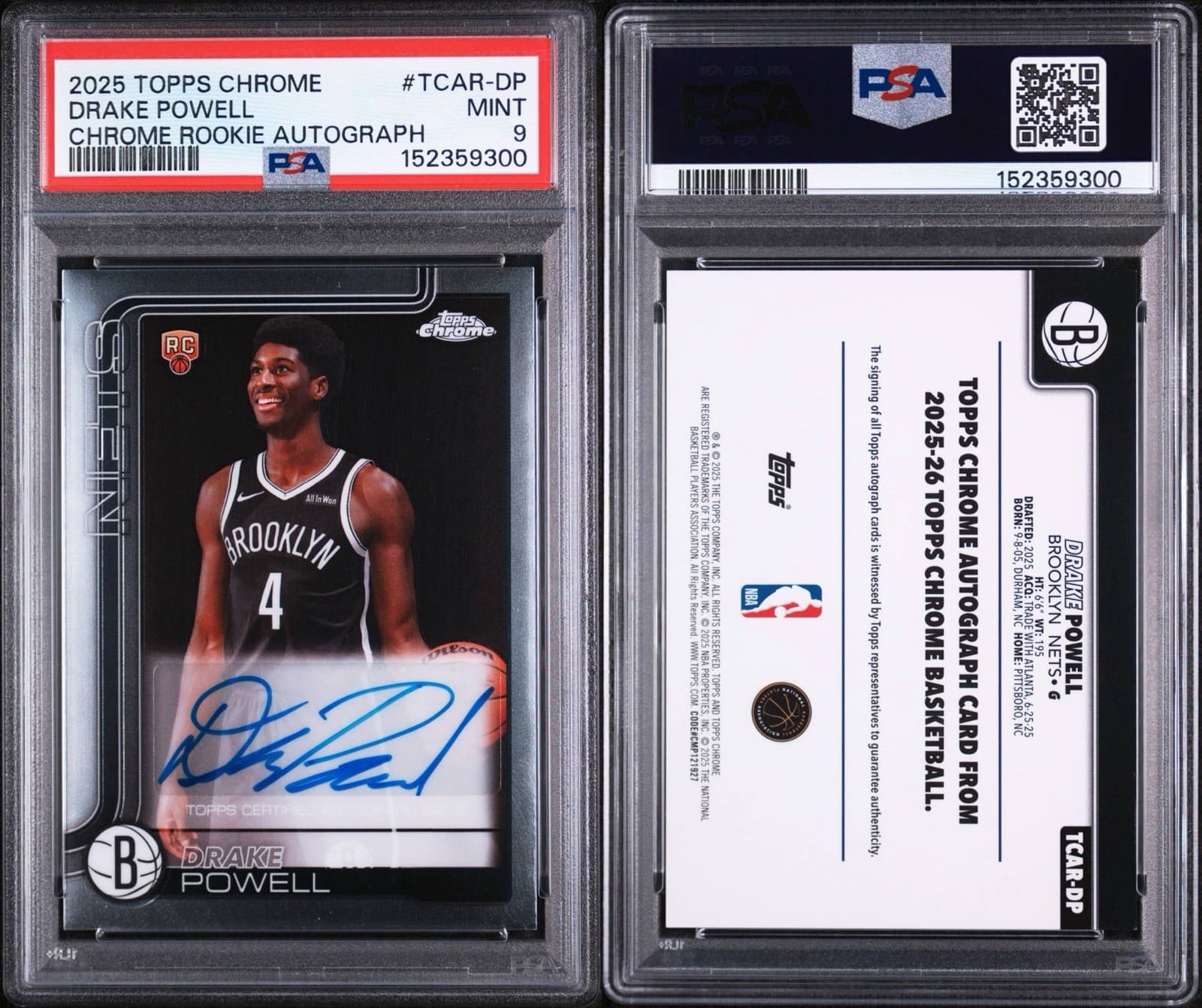 2025-26 Topps Chrome - Rookie Autographs Drake Powell #TCAR-DP (AU, RC). PSA 9