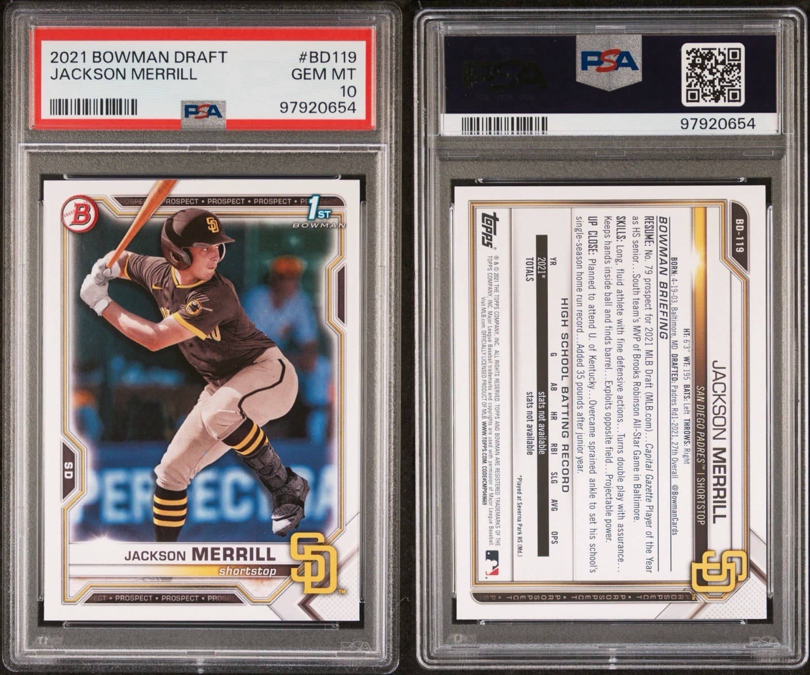 2021 BOWMAN DRAFT #BD119 JACKSON MERRILL 1st Bowman. PSA 10 GEM MT