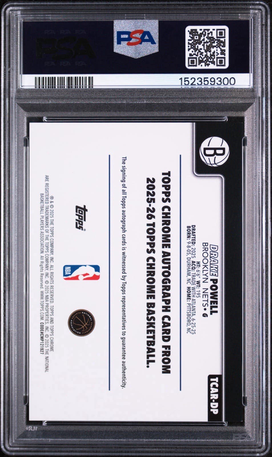 2025-26 Topps Chrome - Rookie Autographs Drake Powell #TCAR-DP (AU, RC). PSA 9