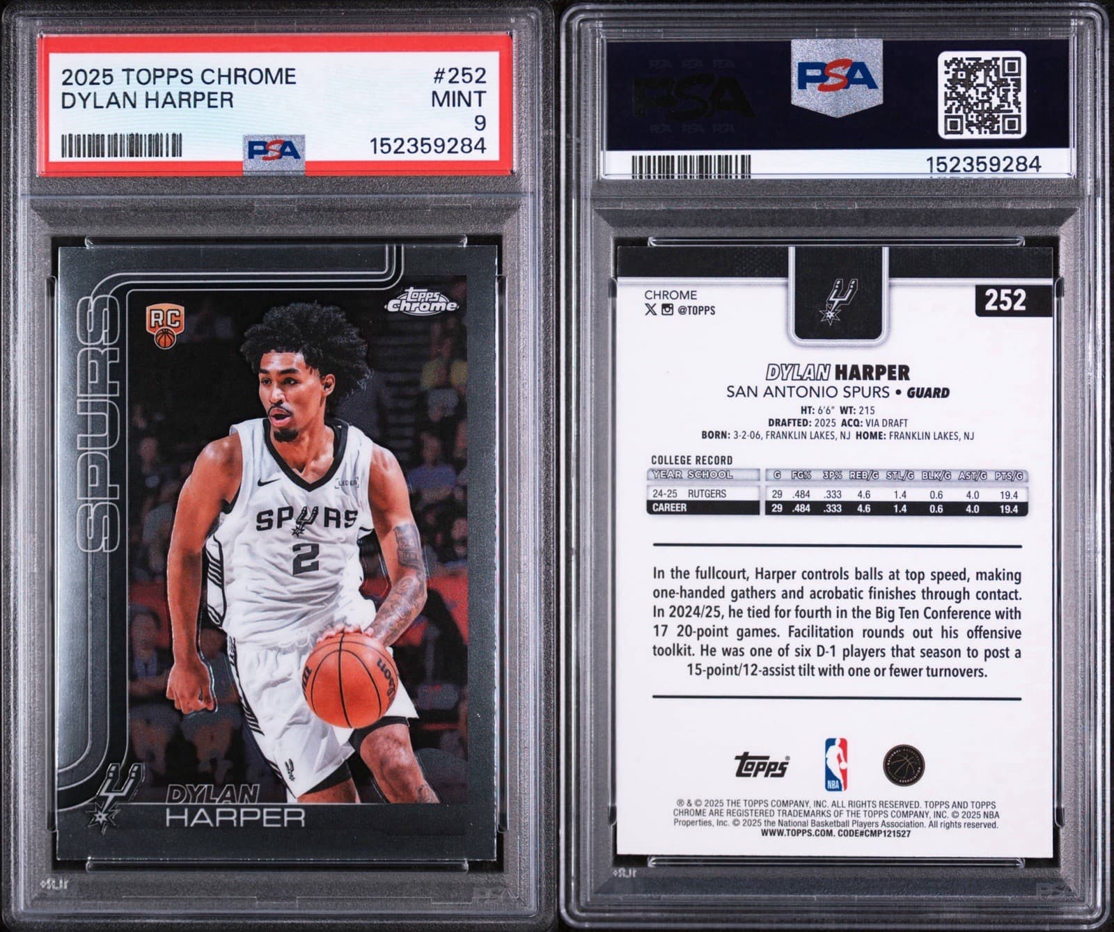 2025-26 Topps Chrome - Dylan Harper #252 (RC). PSA 9 MINT