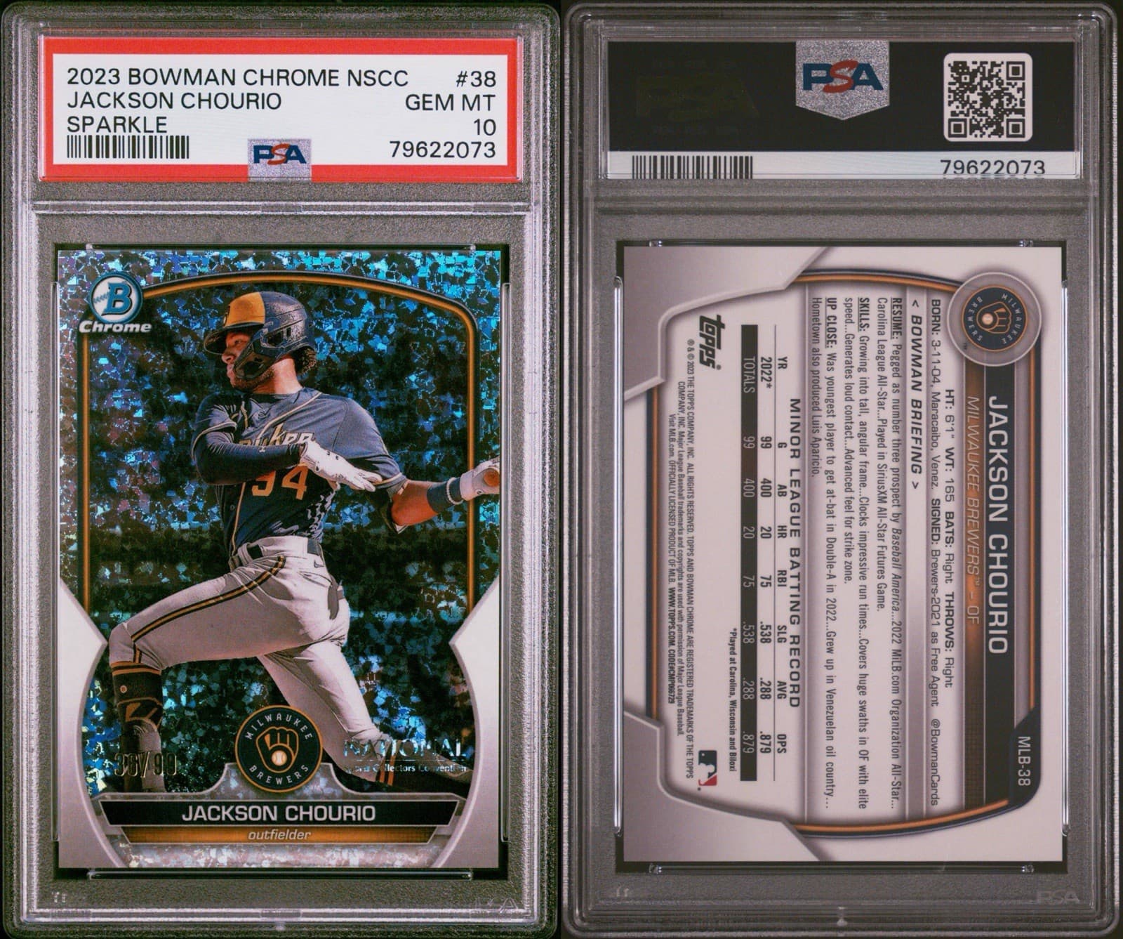 2023 Bowman Chrome NSCC Jackson Chourio Sparkle /99 PSA 10 - GEM MT. Pop 12!