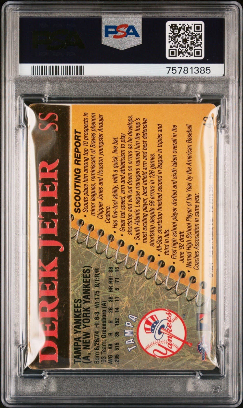 Derek Jeter 1994 Action Packed Scouting Report #43. PSA 8 NM-MT