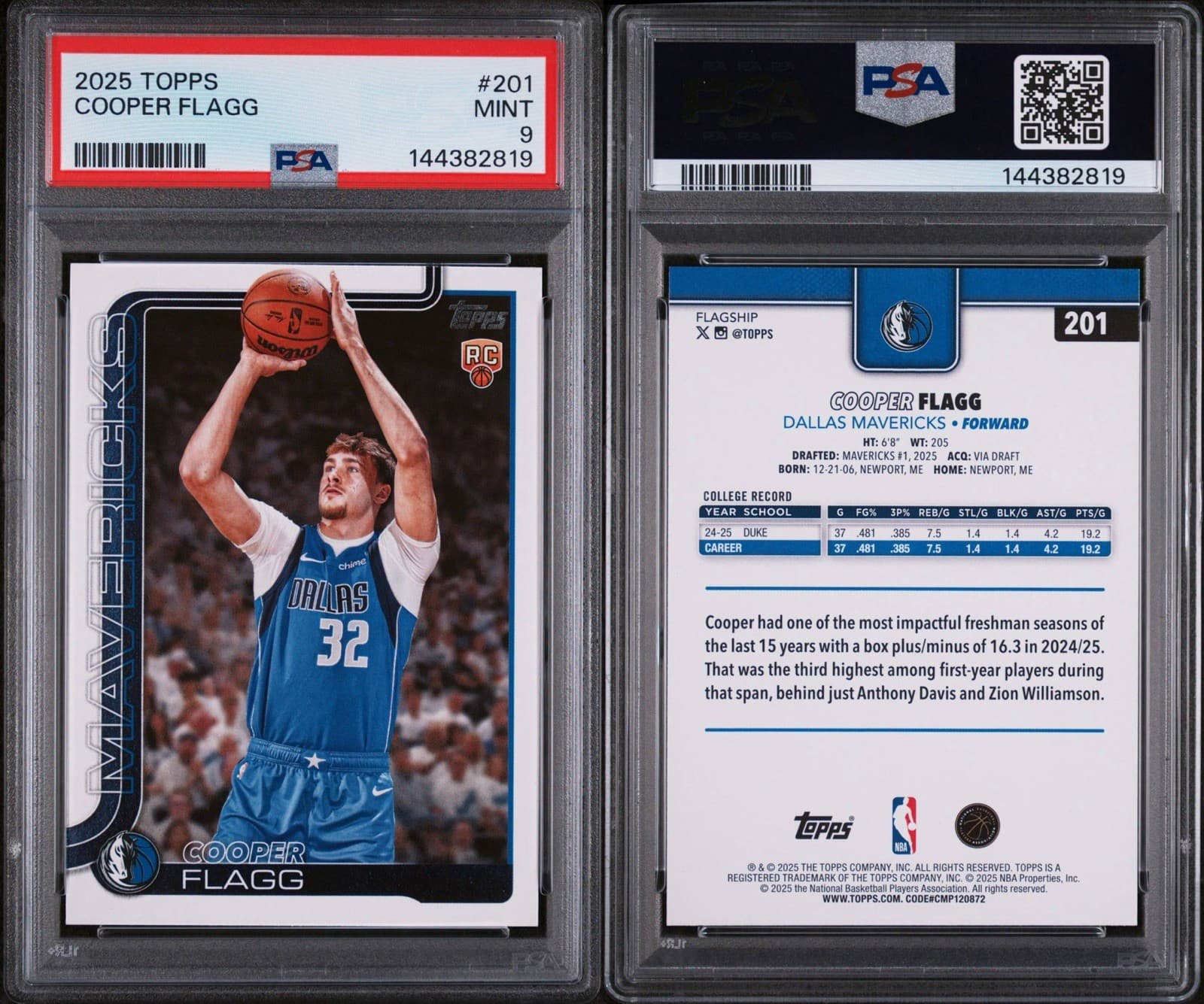 2025-26 Topps - Cooper Flagg #201 (RC). PSA 9 MINT