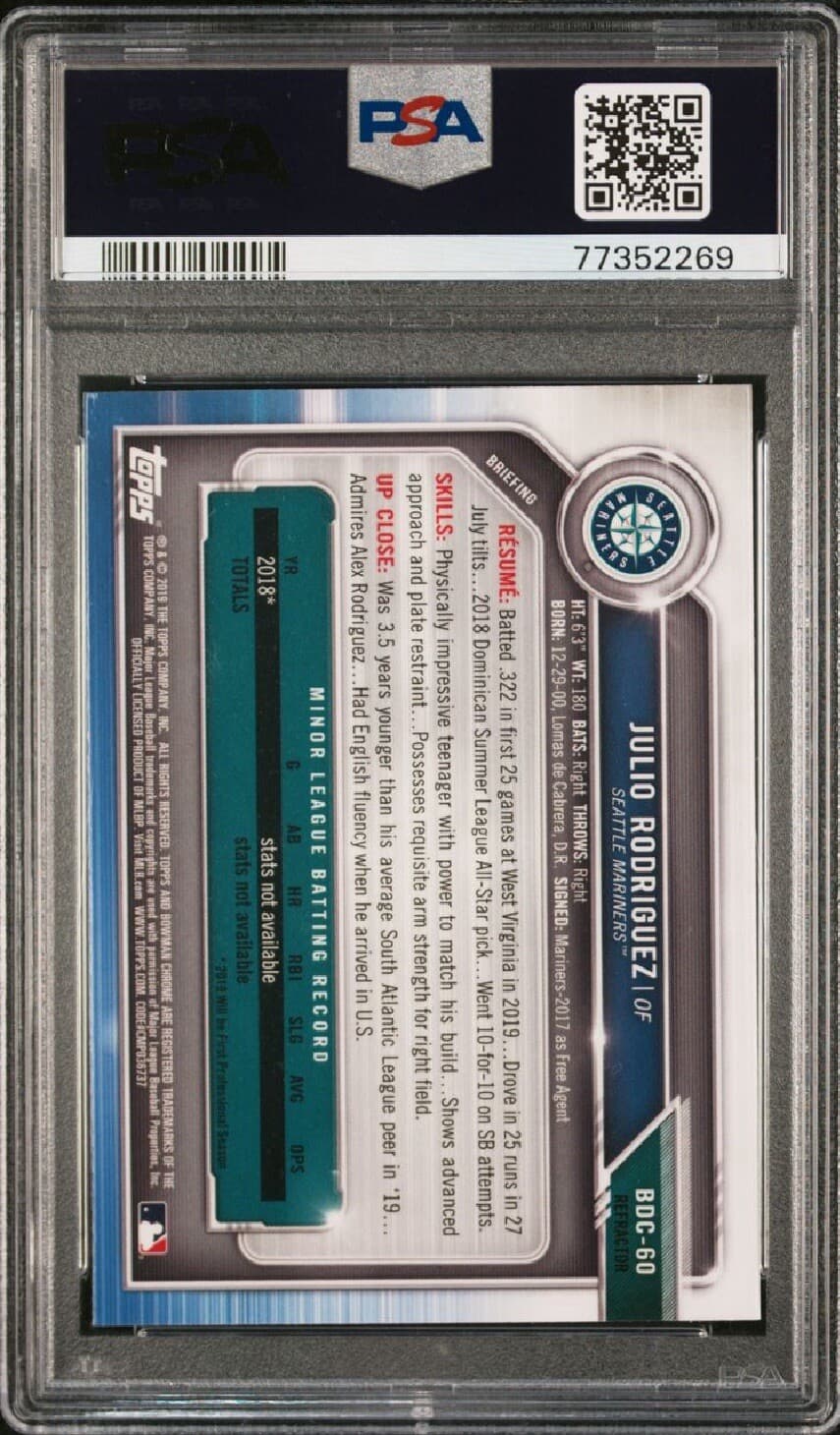 JULIO RODRIGUEZ 2019 BOWMAN DRAFT CHROME REFRACTOR #BDC60 RC PSA 10 