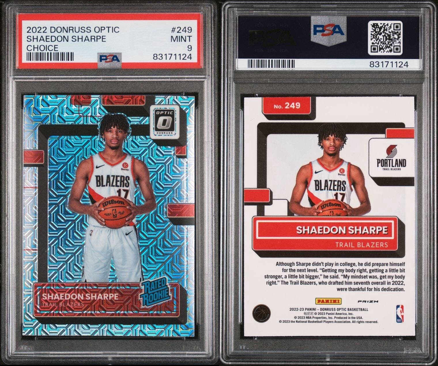 2022 Donruss Optic - Choice Prizm #249 Shaedon Sharpe (RC). PSA 9. Pop 16
