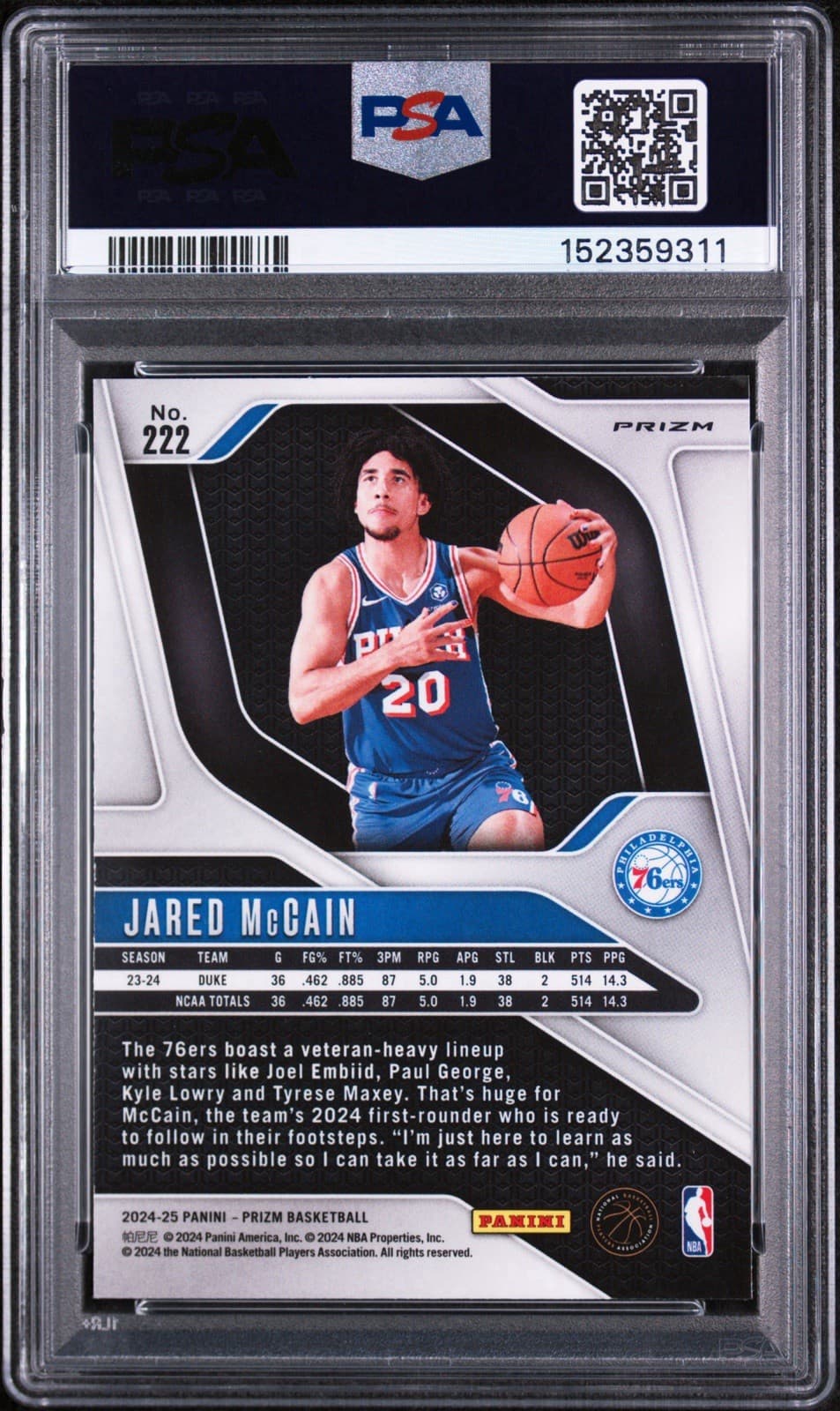 2024-25 Panini Prizm - Jared McCain (RC) #222 Silver Prizm. PSA 9 MINT