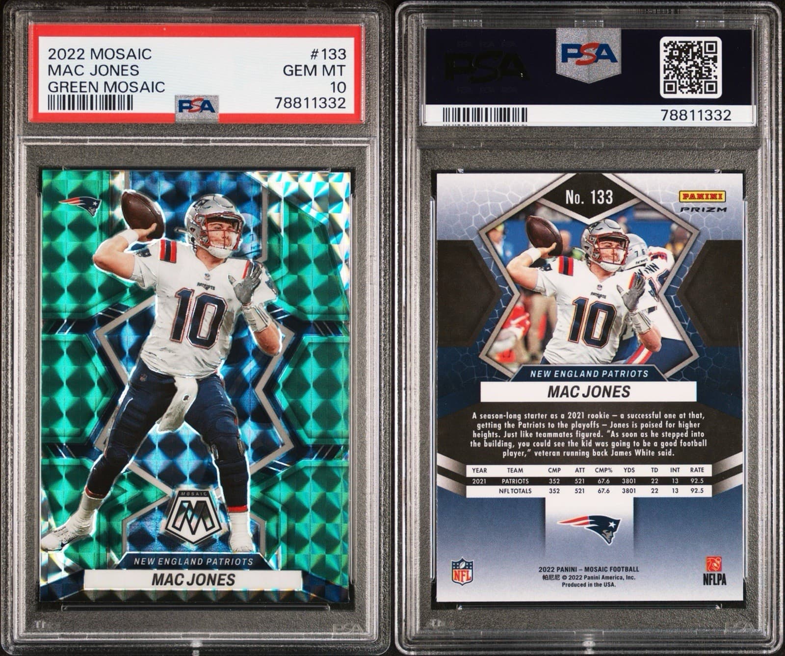 2022 Panini Mosaic - Mac Jones #133 Green Mosaic Prizm. PSA 10 GEM MT. Pop 4!
