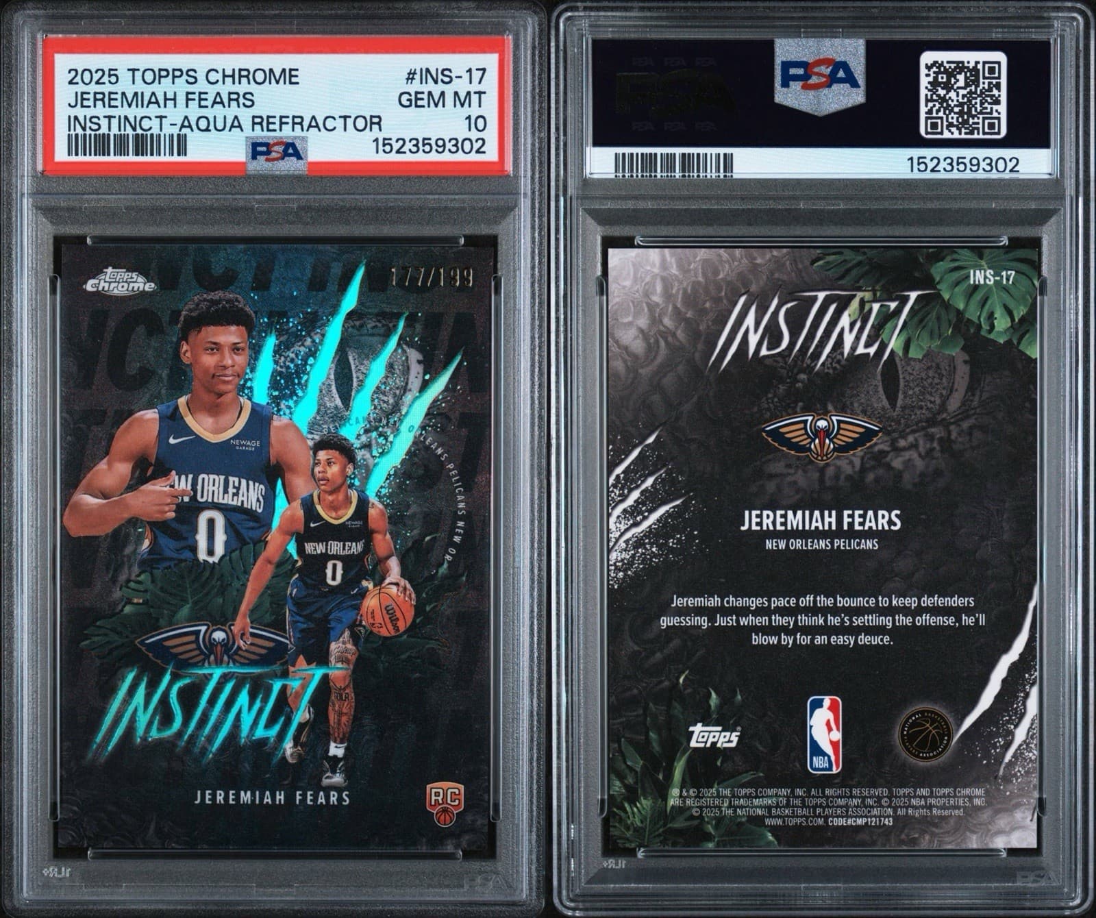 2025 Topps Chrome - Jeremiah Fears Instinct Aqua Refractor /199 (RC). PSA 10 GEM