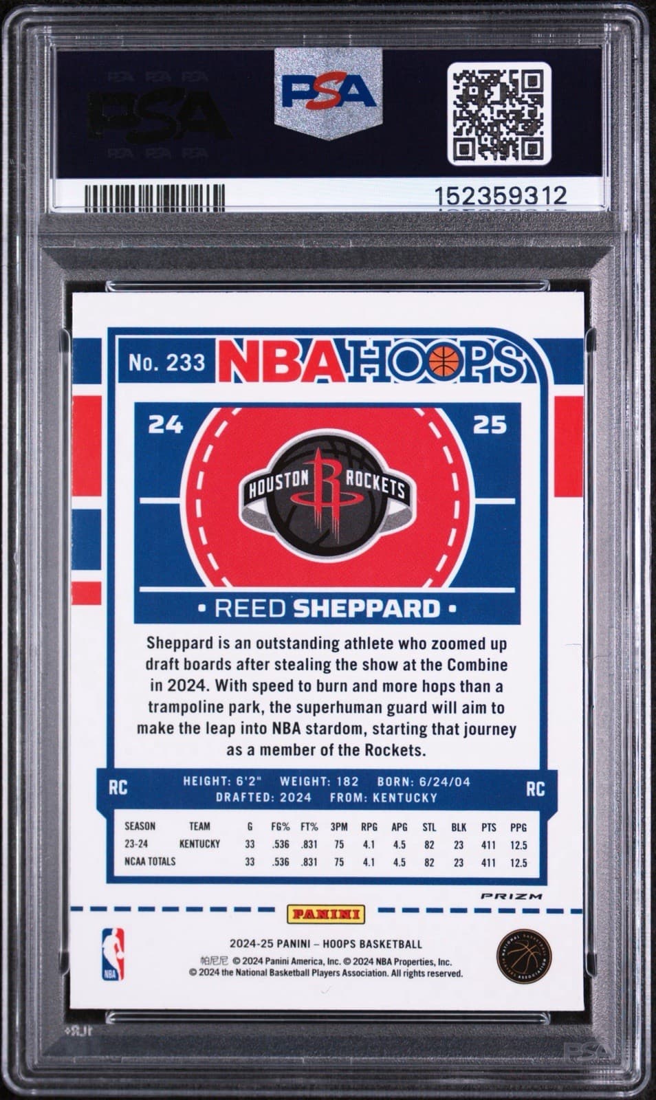 2024 Panini NBA Hoops Premium Prizms Silver - Reed Sheppard (RC). PSA 9 MINT