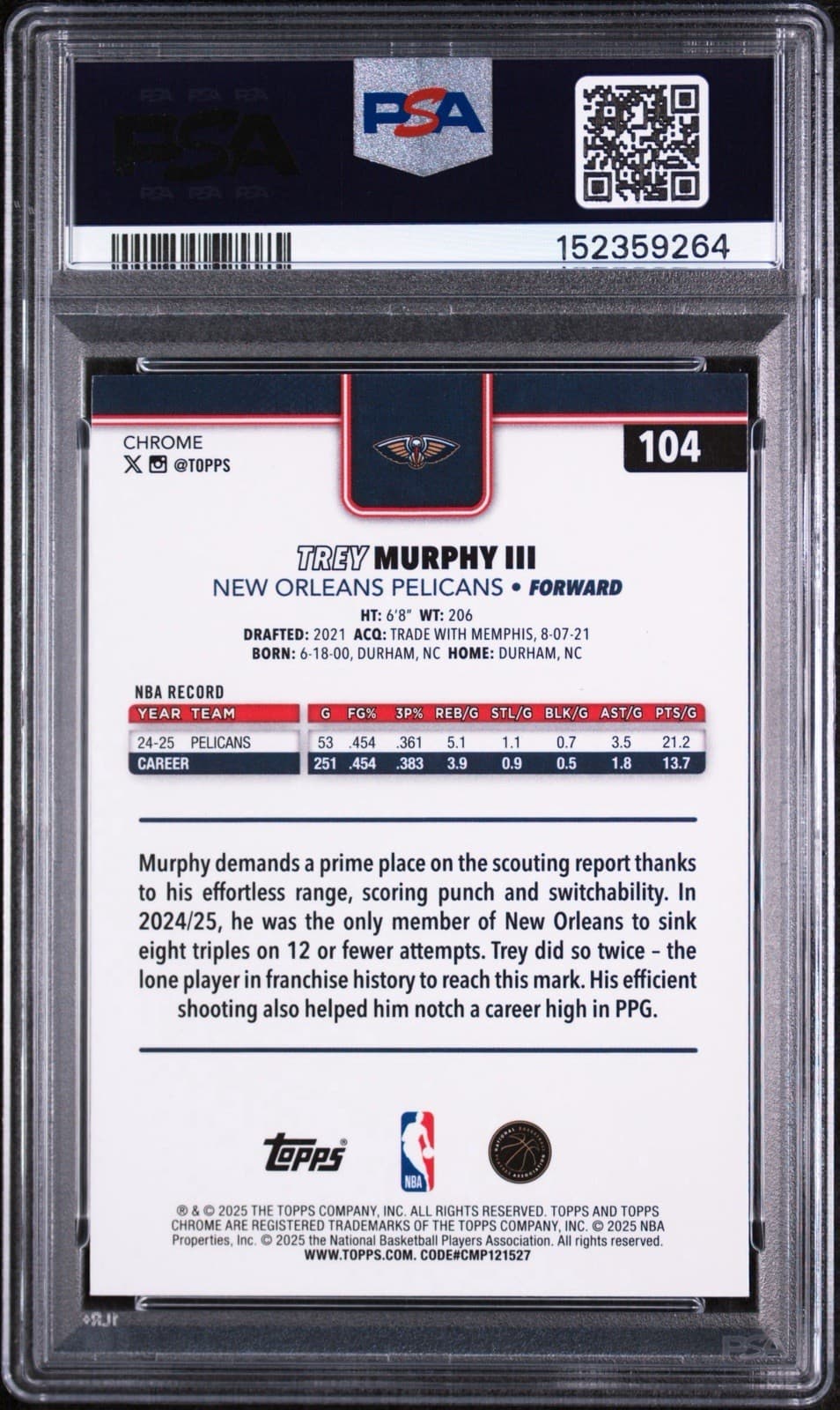 2025-26 Topps Chrome - Trey Murphy III #104 Green Refractor /99. PSA 9 MINT