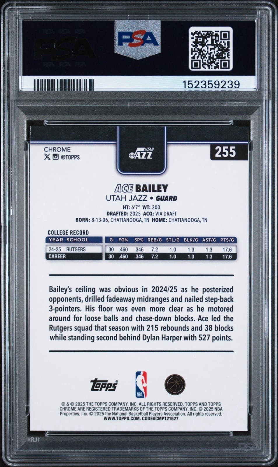 2025 Topps Chrome - Ace Bailey #255 Red White & Blue Refractor (RC). PSA 9 MINT