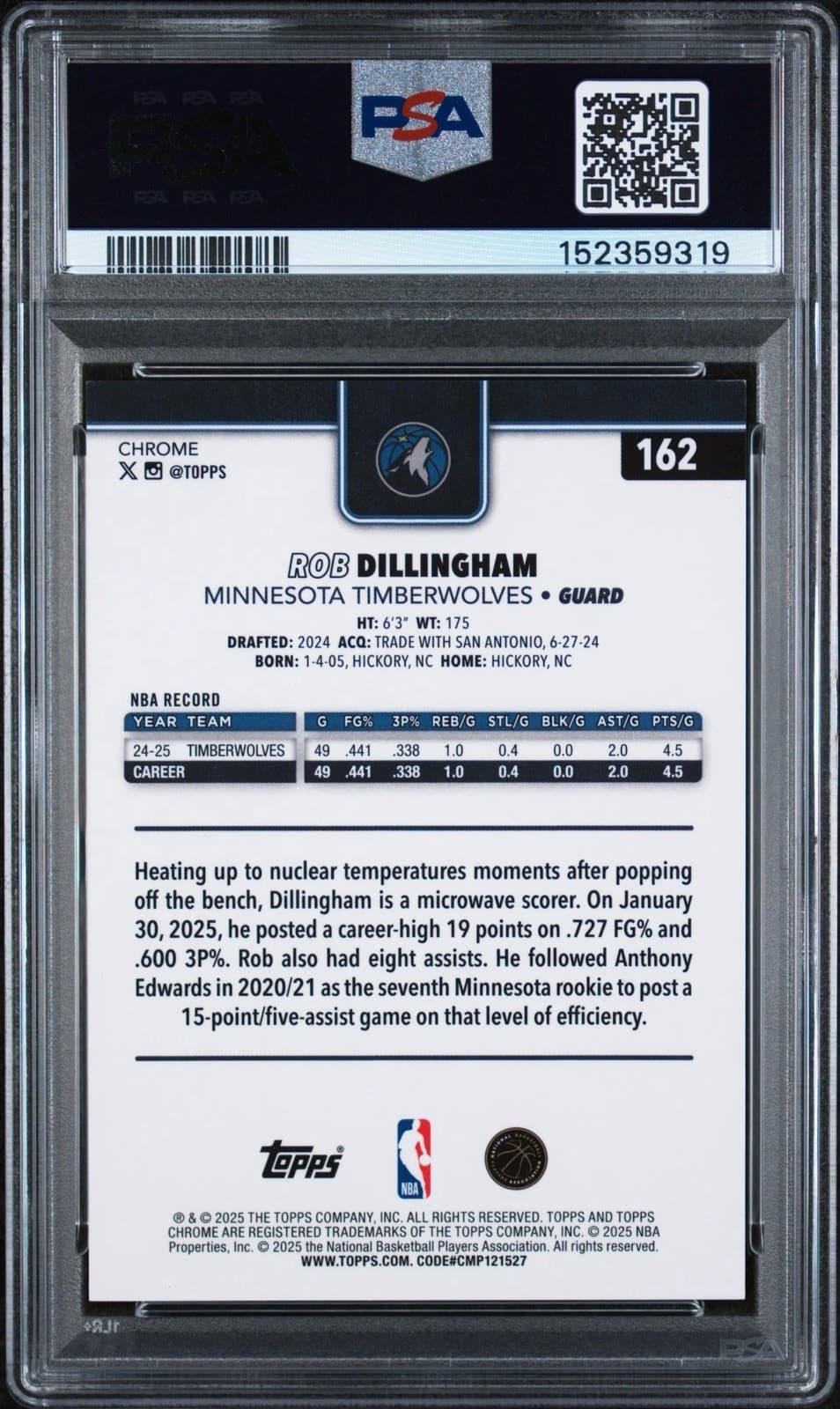 2025 TOPPS CHROME #162 ROB DILLINGHAM GOLD PULSAR /50. PSA 10 GEM MINT