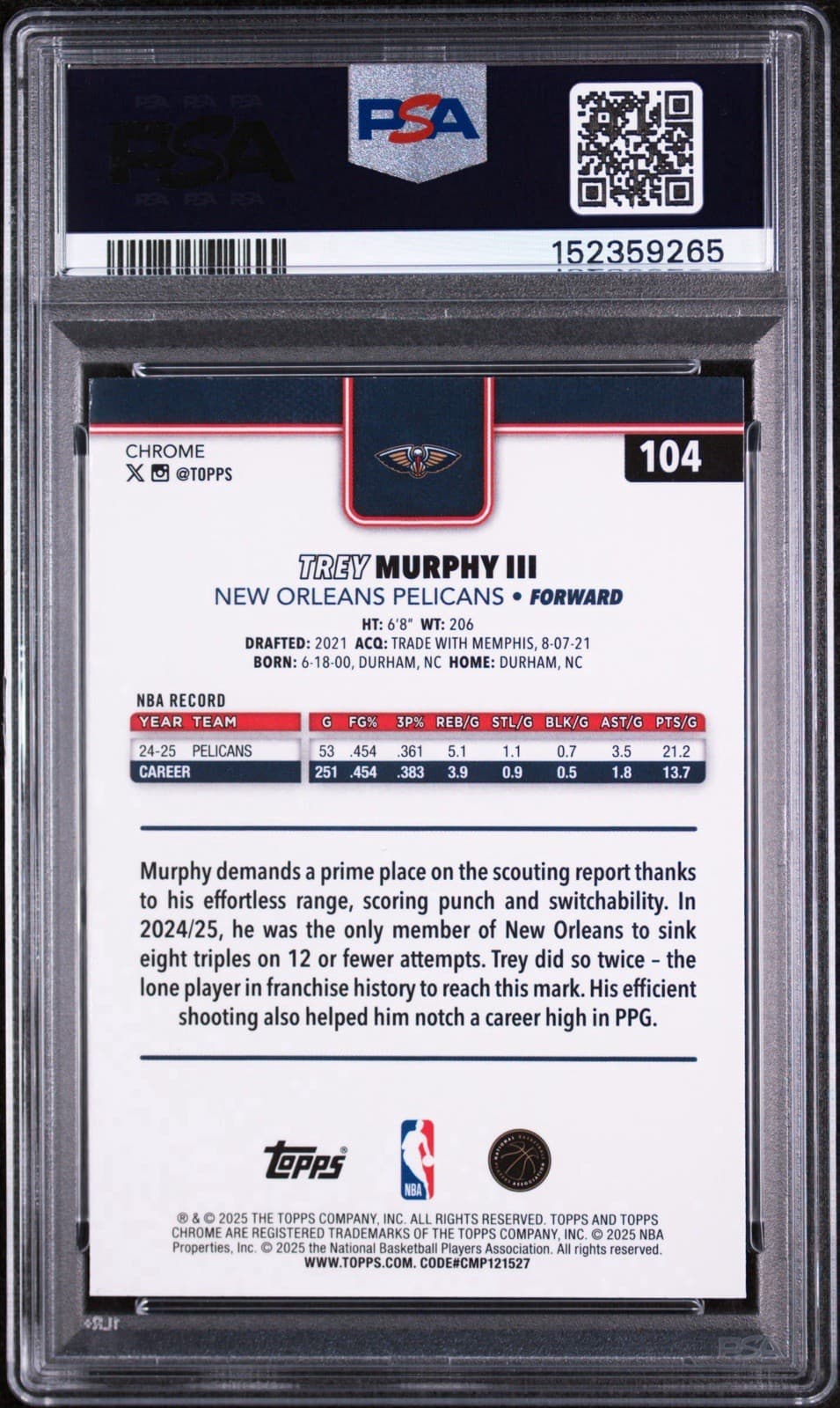 2025-26 Topps Chrome - Trey Murphy III #104 Negative Refractor. PSA 9 MINT