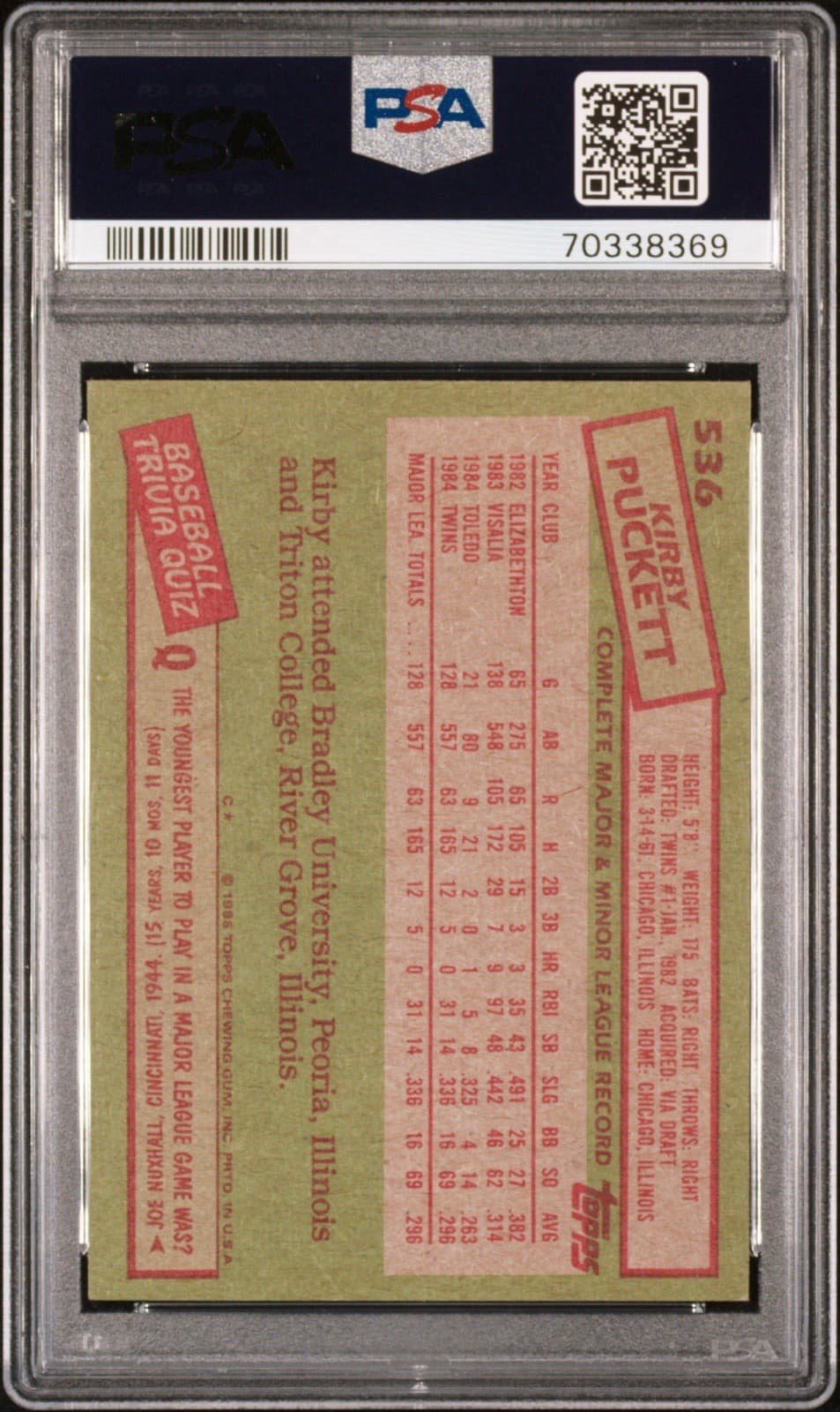 1985 Topps - Kirby Puckett #536 (RC). PSA 7 NM