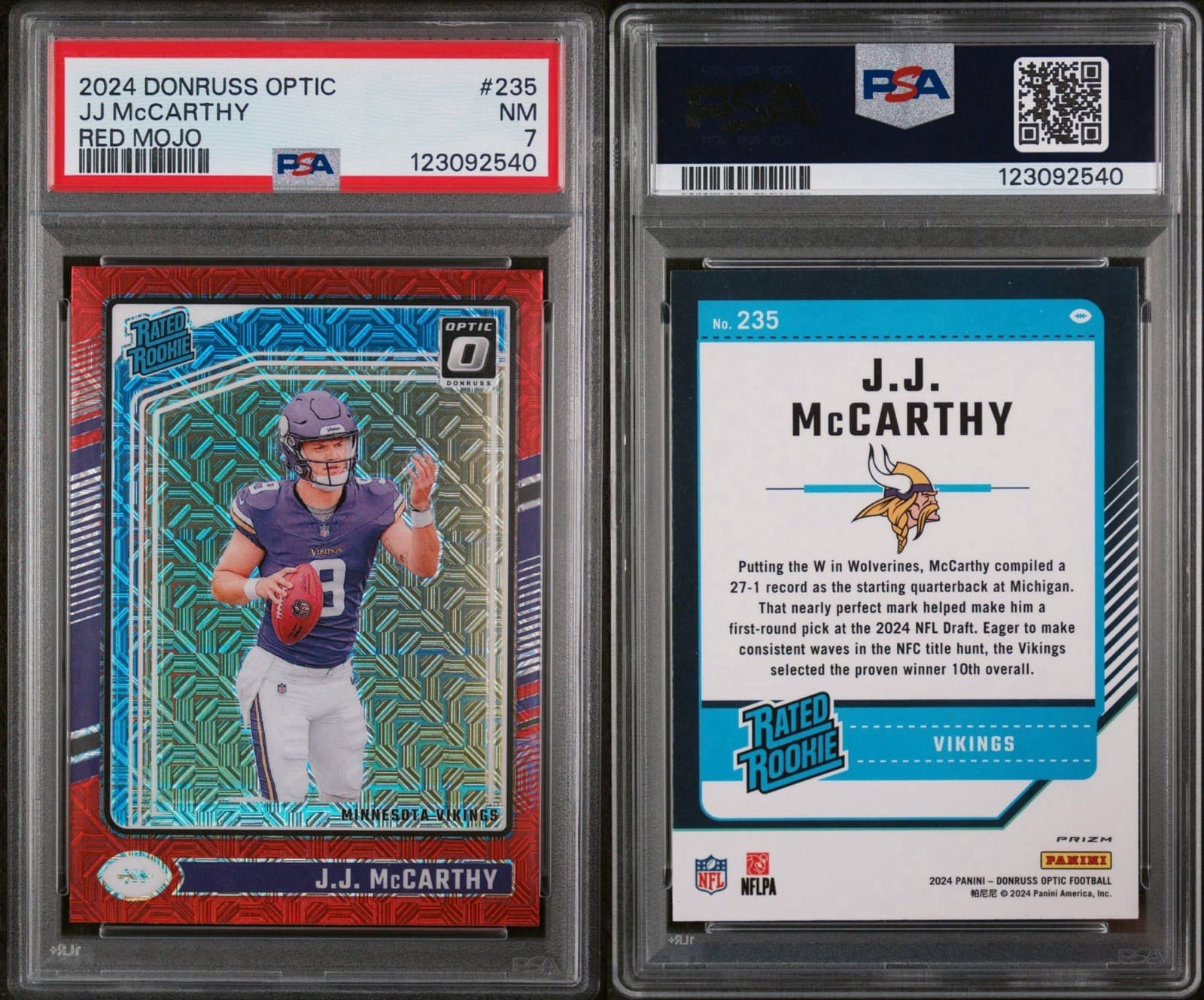 2024 Panini Donruss Optic - Rated Rookie J.J. McCarthy #235 Red Mojo (RC). PSA 7