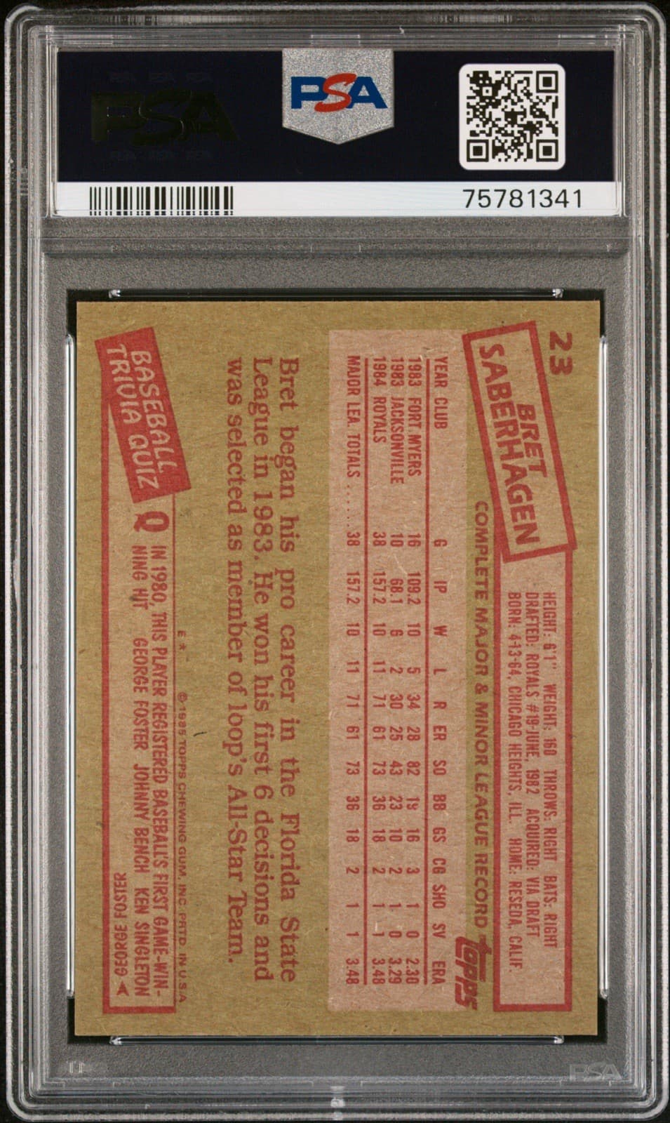 1985 Topps - Bret Saberhagen #23 (RC). PSA 8 NM - MT