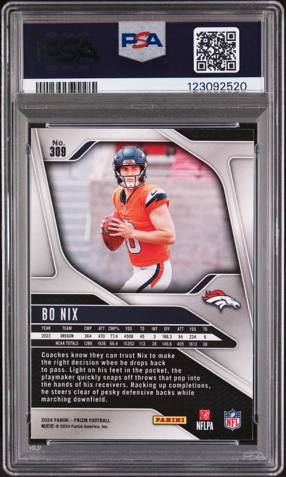 2024 Panini Prizm - Bo Nix #309 (RC). PSA 9 Mint