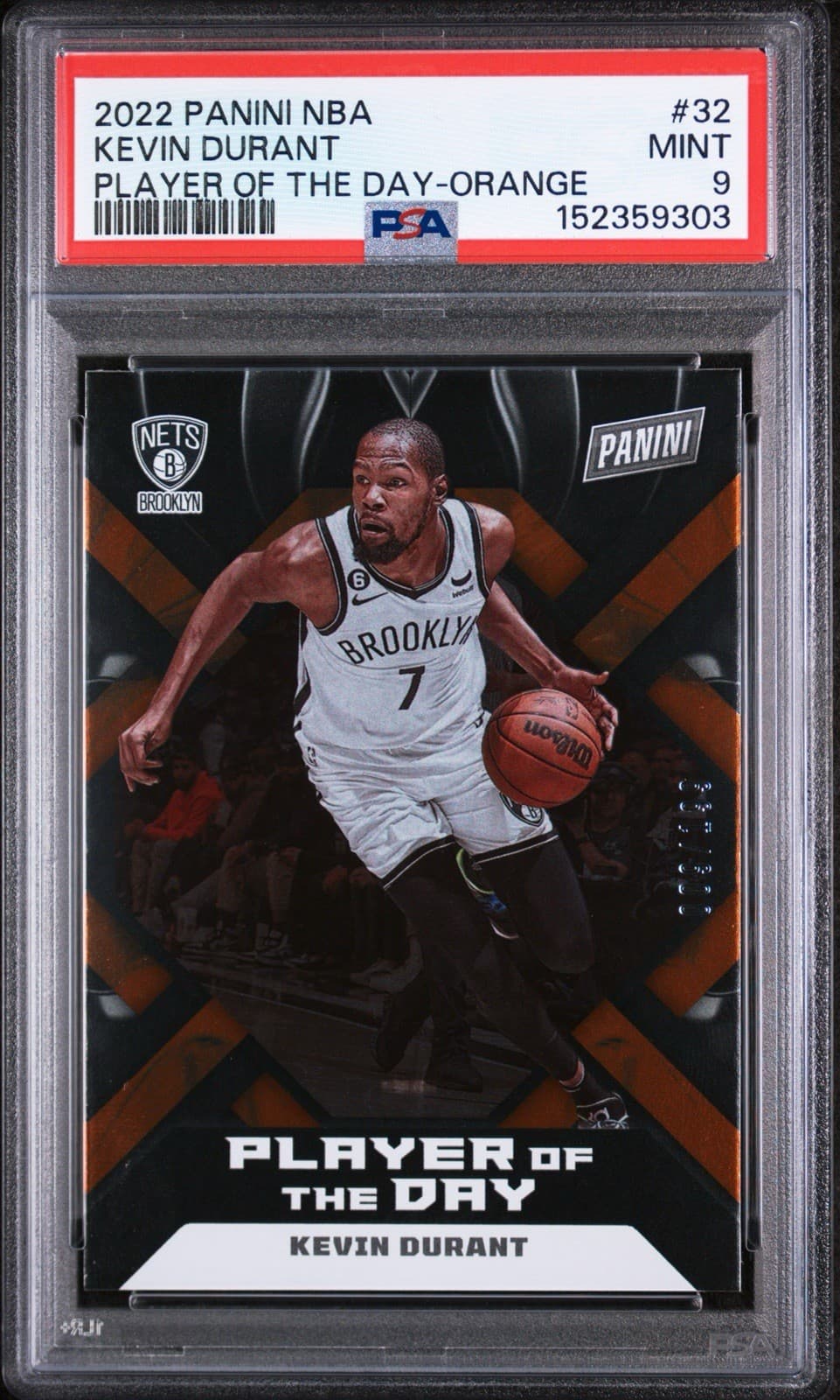 2022 PANINI NBA KEVIN DURANT #32 PLAYER OF THE DAY - ORANGE /199. PSA 9 MINT