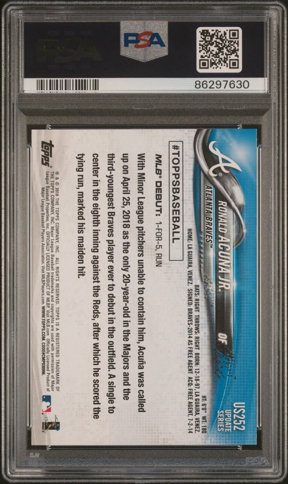 2018 Topps Update Series - Rookie Debut Ronald Acuña Jr. #US252 (RC). PSA 8 thumbnail 2