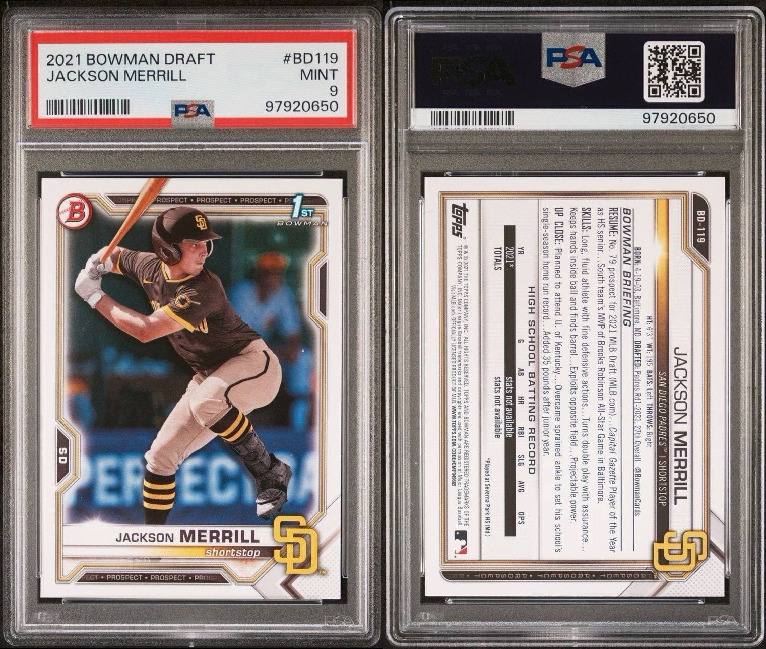 2021 BOWMAN DRAFT JACKSON MERRILL #BD119 PSA 9 MINT 1ST BOWMAN