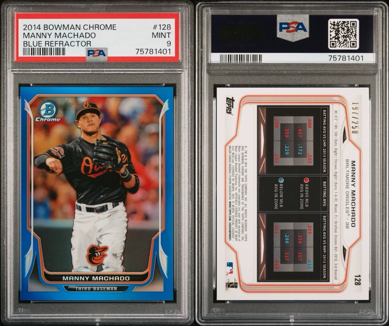 2014 Bowman Chrome Manny Machado #128 Blue Refractor /250. PSA 9 Mint. Pop 7!