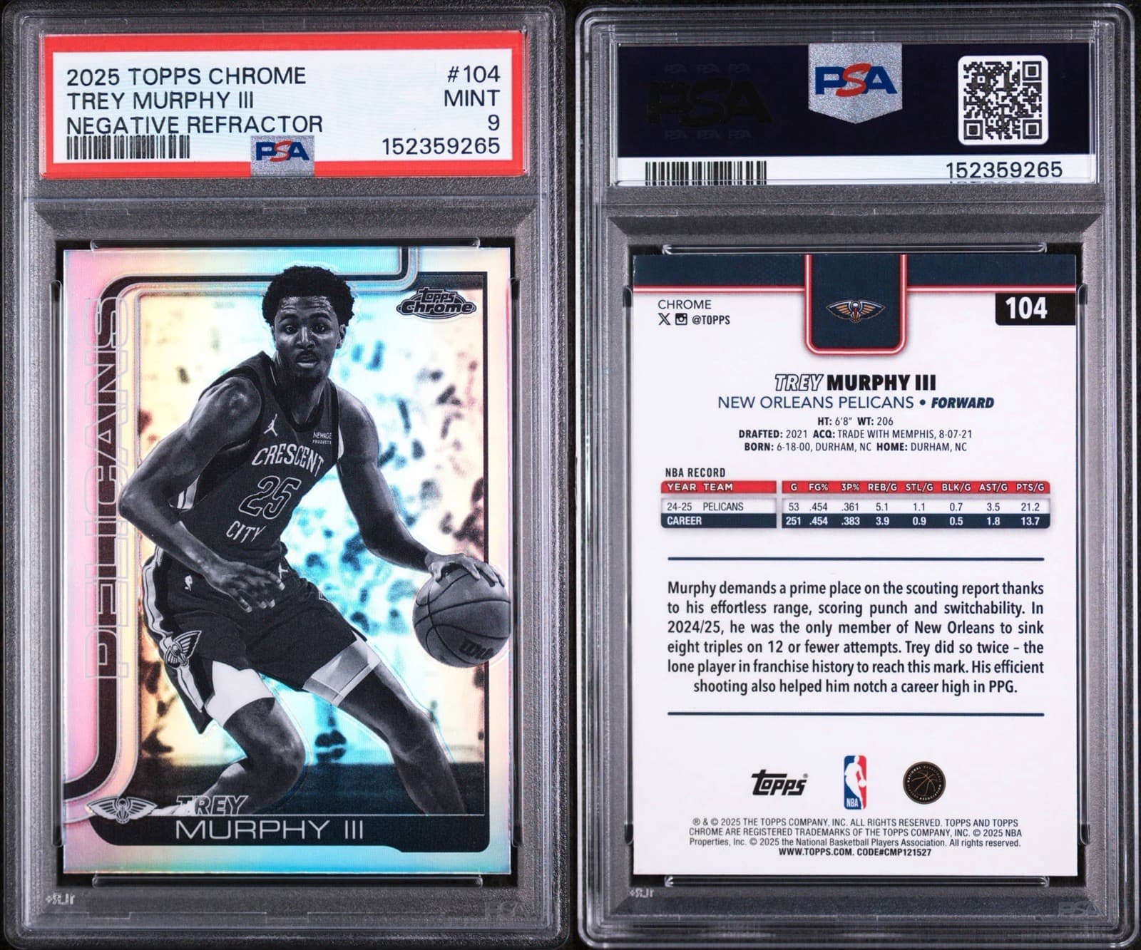 2025-26 Topps Chrome - Trey Murphy III #104 Negative Refractor. PSA 9 MINT
