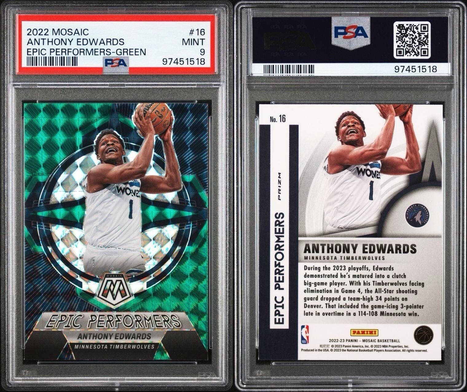 2022 Mosaic - Epic Performers Green  Prizm #16 Anthony Edwards. PSA 9. Low Pop