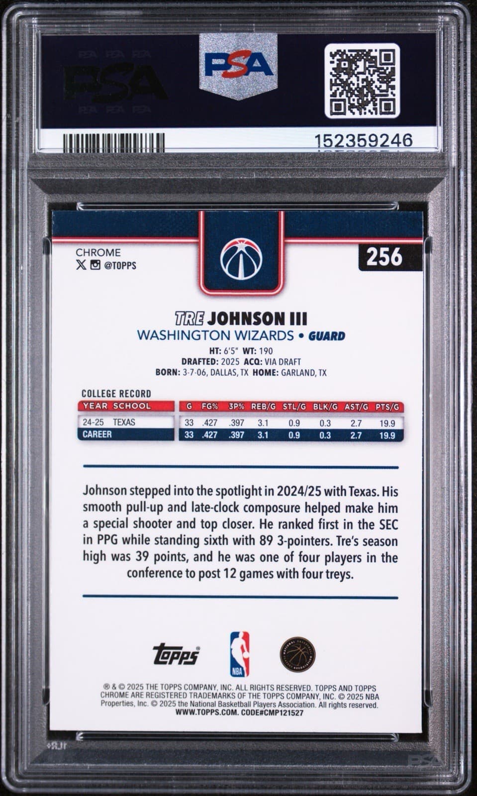 2025-26 Topps Chrome - Tre Johnson #256 RayWave Refractor (RC). PSA 8 NM-MT