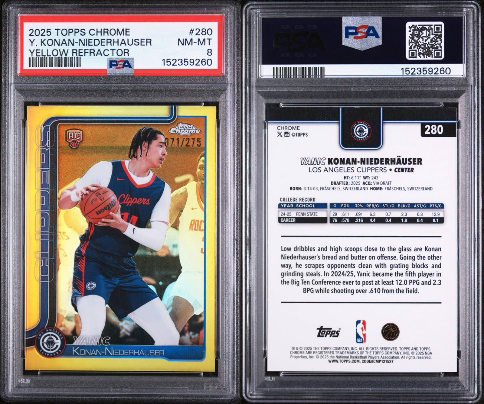 2025 Topps Chrome Yanic Konan-Niederhauser #280 Yellow Refractor /275 (RC) PSA 8