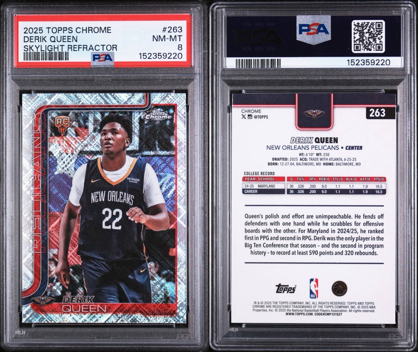 2025-26 Topps Chrome - Derik Queen #263 Skylight Refractor (RC). PSA 8 NM-MT