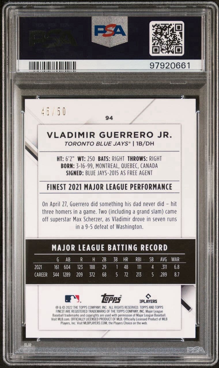 2022 Topps Finest Vladimir Guerrero Jr. #94 Gold Refractor /50 PSA 9