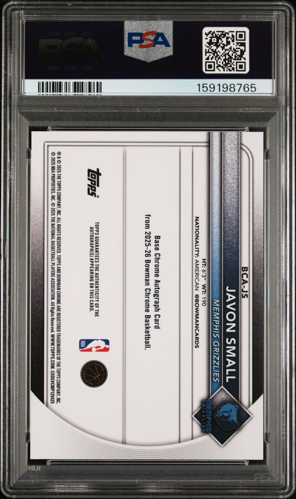 2025 BOWMAN CHROME AUTOGRAPHS - JAVON SMALL (RC) GREEN GEOMETRIC /99. PSA 10 GEM