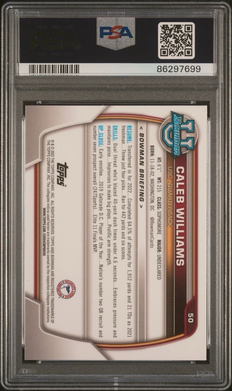 CALEB WILLIAMS 2022 Bowman University Chrome Prospects 1st card #50 PSA 9