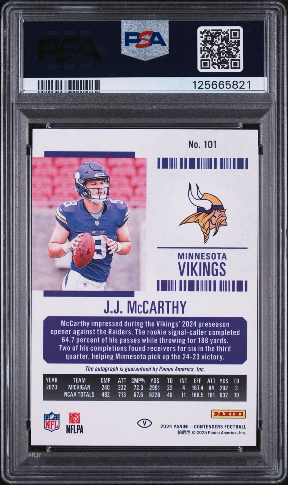 2024 Panini Contenders JJ McCarthy VARIATION Rookie Ticket Auto ON CARD. PSA 10! thumbnail 2