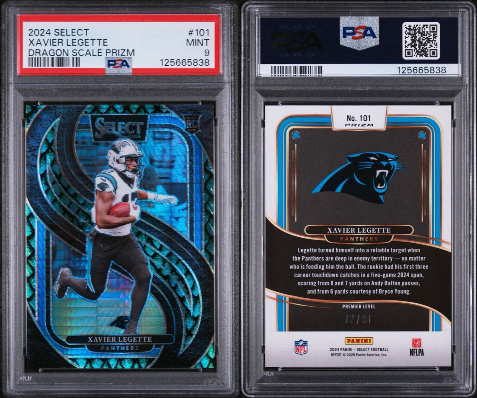 2024 Panini Select - Premier Level Xavier Legette Dragon Scale Prizm /81. PSA 9