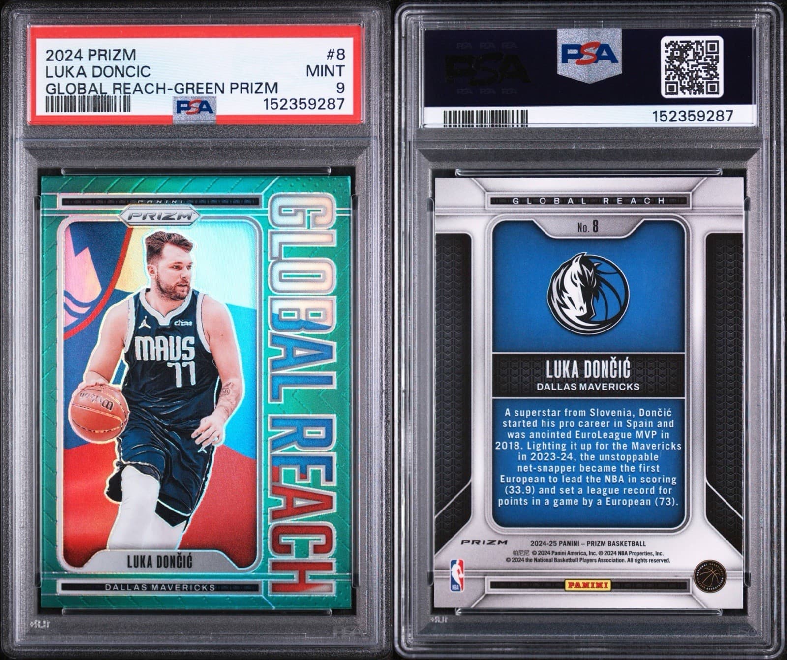 2024-25 Panini Prizm - Global Reach Luka Dončić #8 Green Prizm. PSA 9 MINT