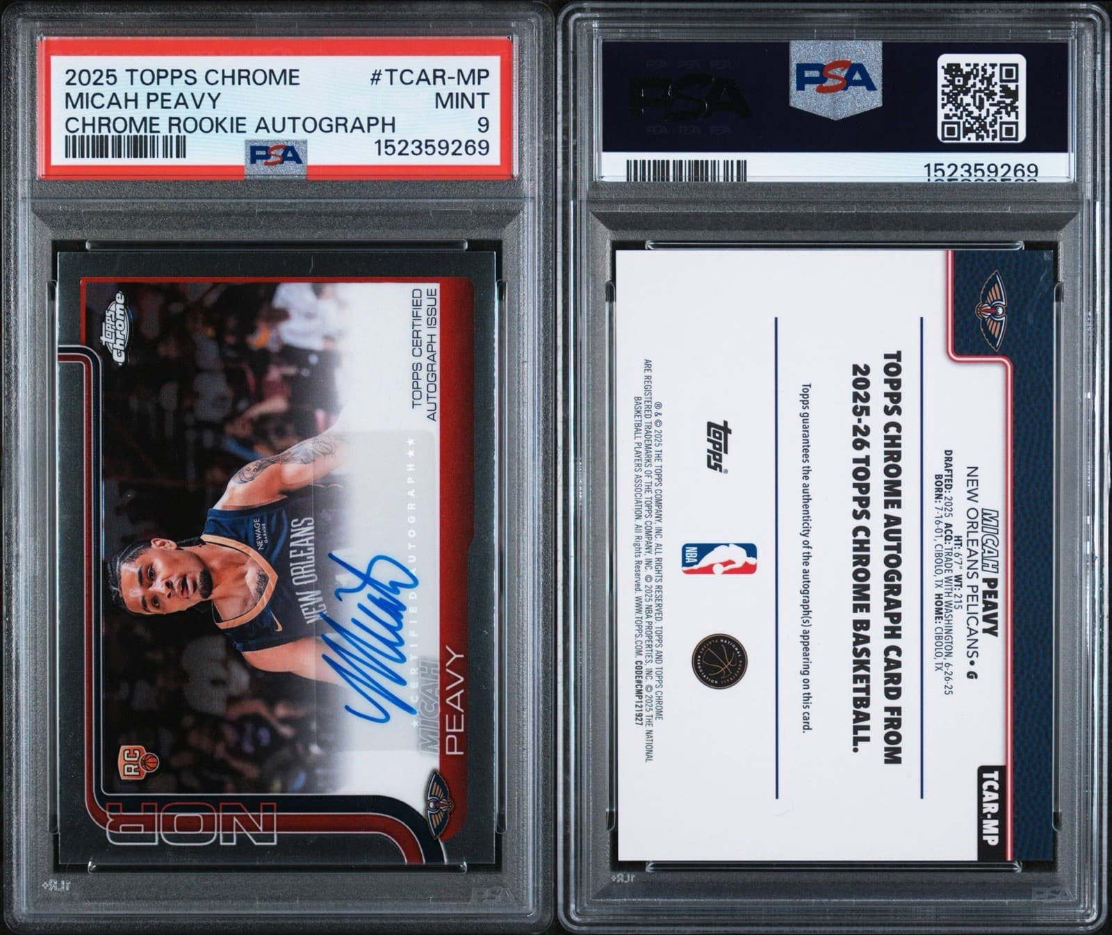 2025-26 Topps Chrome - Rookie Autographs Micah Peavy #TCAR-MP (AU, RC). PSA 9