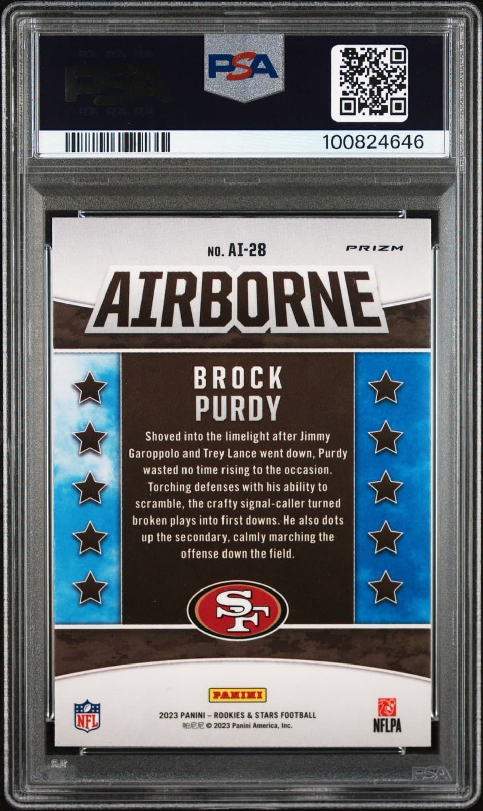 2023 Panini Rookies & Stars - Airborne Red Plaid Prizm #AI-28 Brock Purdy. PSA 8