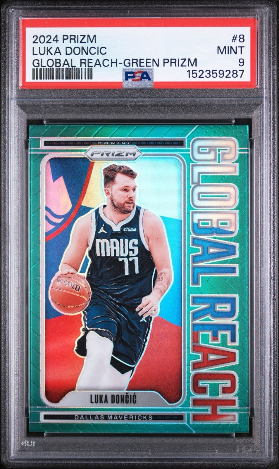 2024-25 Panini Prizm - Global Reach Luka Dončić #8 Green Prizm. PSA 9 MINT