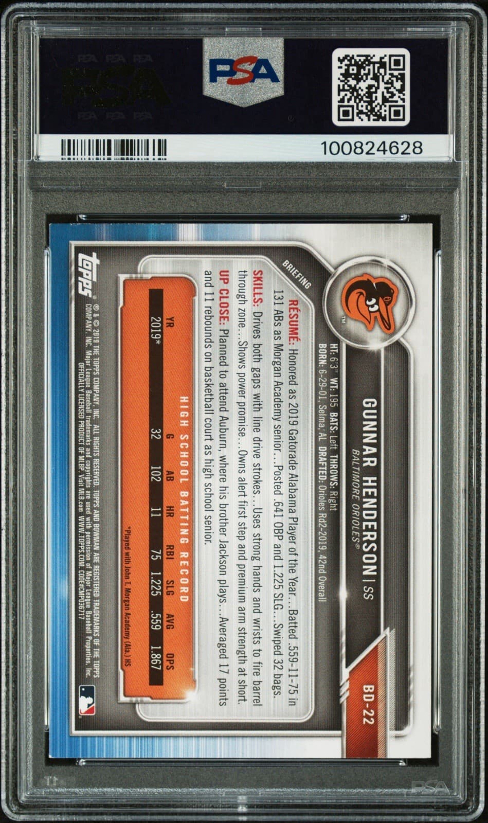 2019 Bowman Draft - Gunnar Henderson #BD-22 (RC). 1st Bowman. PSA 8 NM-MT