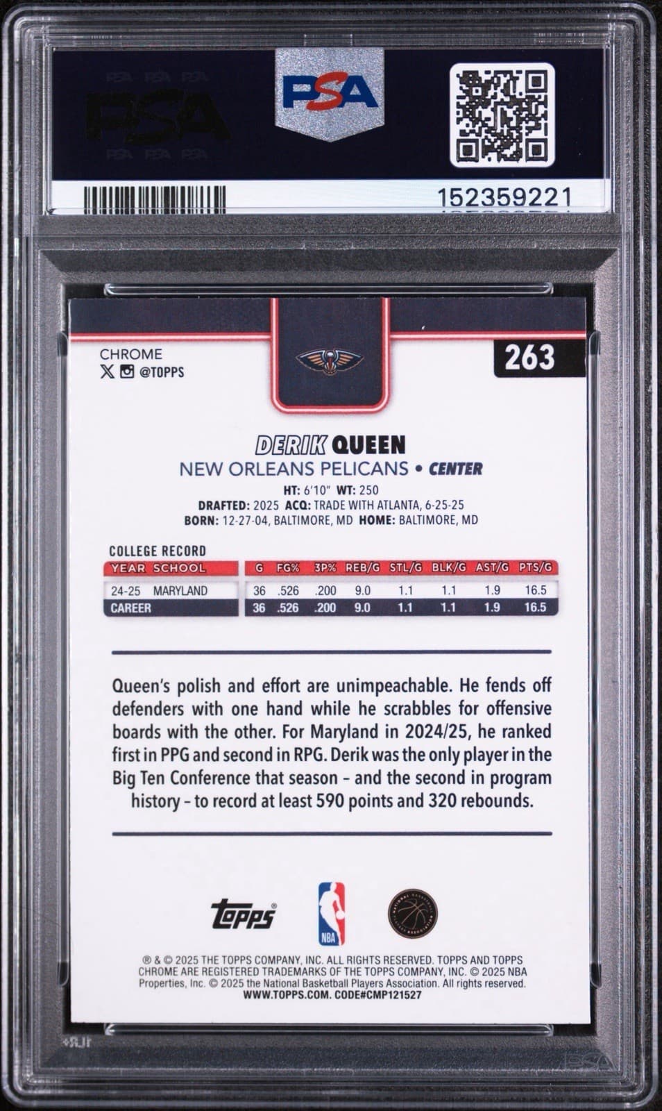 2025-26 Topps Chrome - Derik Queen #263 (RC). PSA 9 MINT