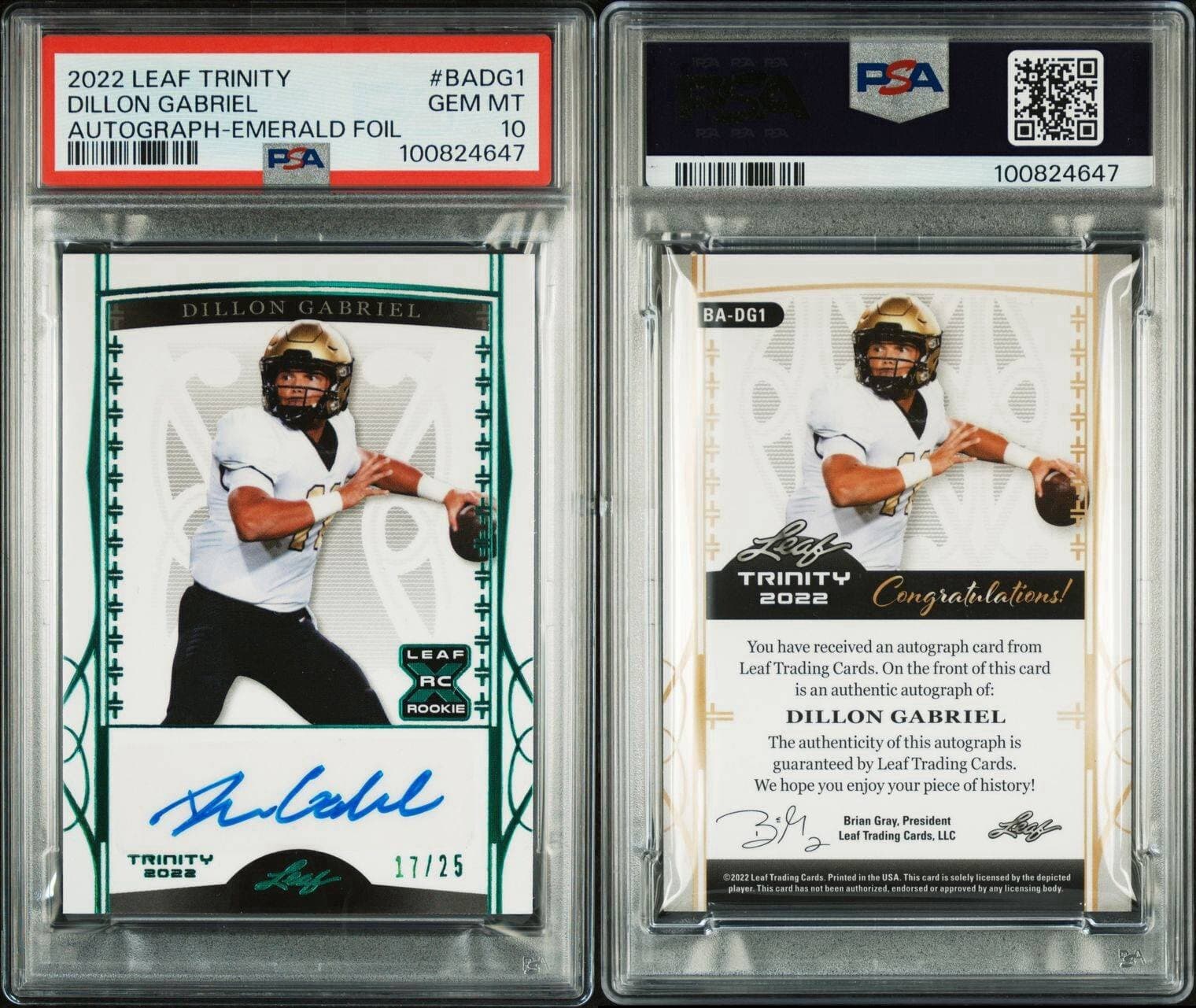 2022 Leaf Trinity Dillon Gabriel RC #BADG1 Autograph Emerald 17/25 PSA 10 Pop 1!